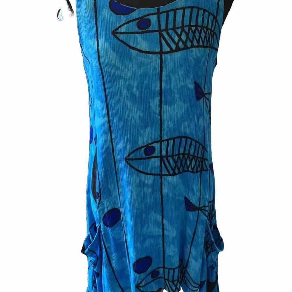 Vasna Blue Black Fish Print Rayon Sleeveless Crinkle Flare Dress Or Top Size S